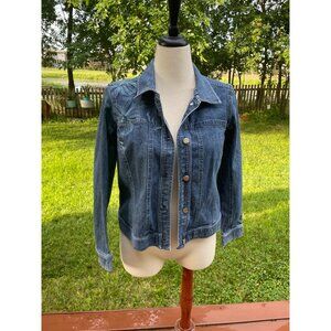 Womens Medium Blue Denim Jacket With Floral Embroidery Stretch Fit Button Front